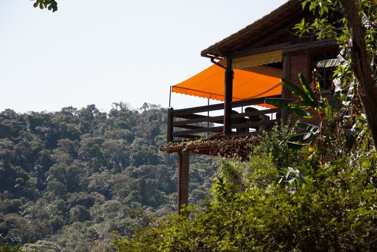 Varanda do restaurante debruçada sobre a floresta