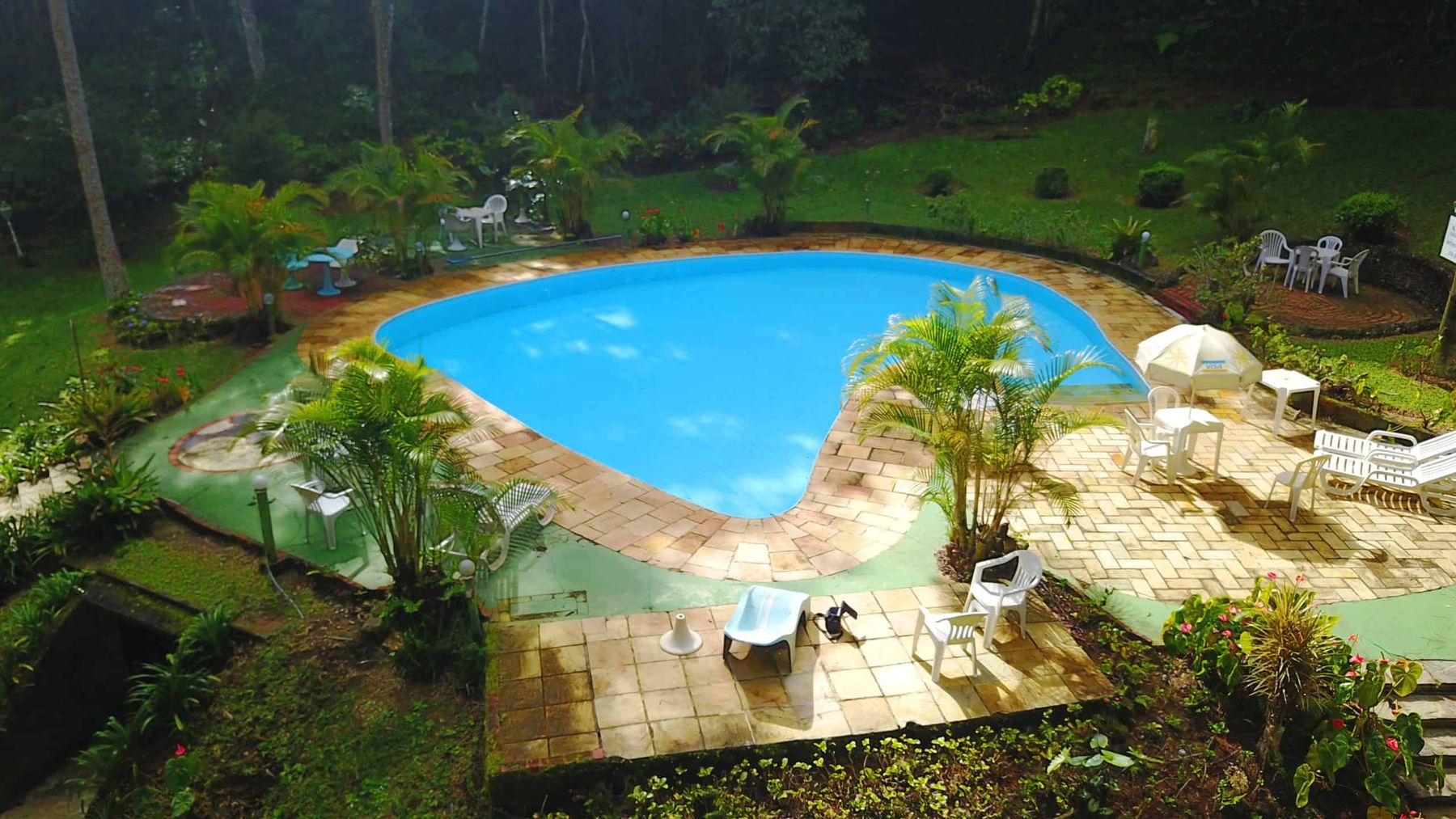 Piscina cercada de palmeiras, com as montanhas ao fundo
